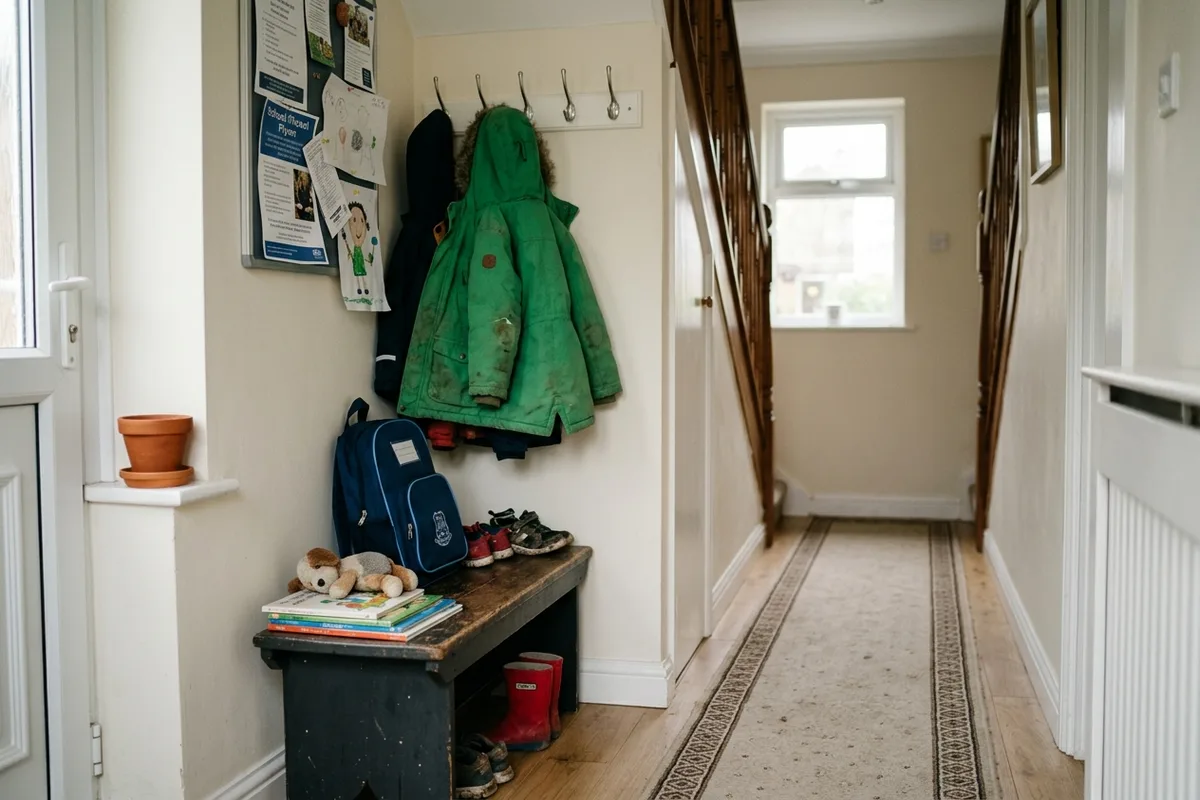 A hallway with a child's coat on a hook, a school bag and shoes by the door