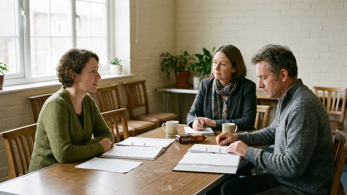 Three people at a dining table with mugs, one of them taking notes