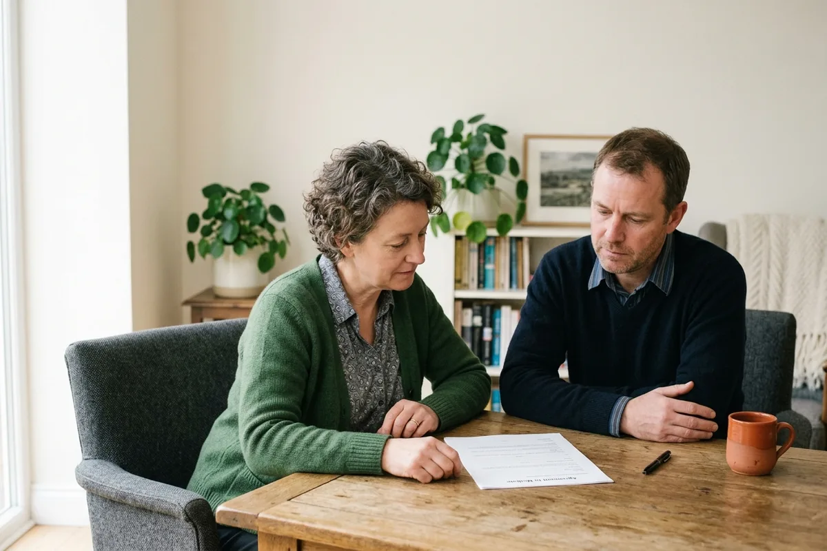 A couple at a table reading a single document together, mugs beside them