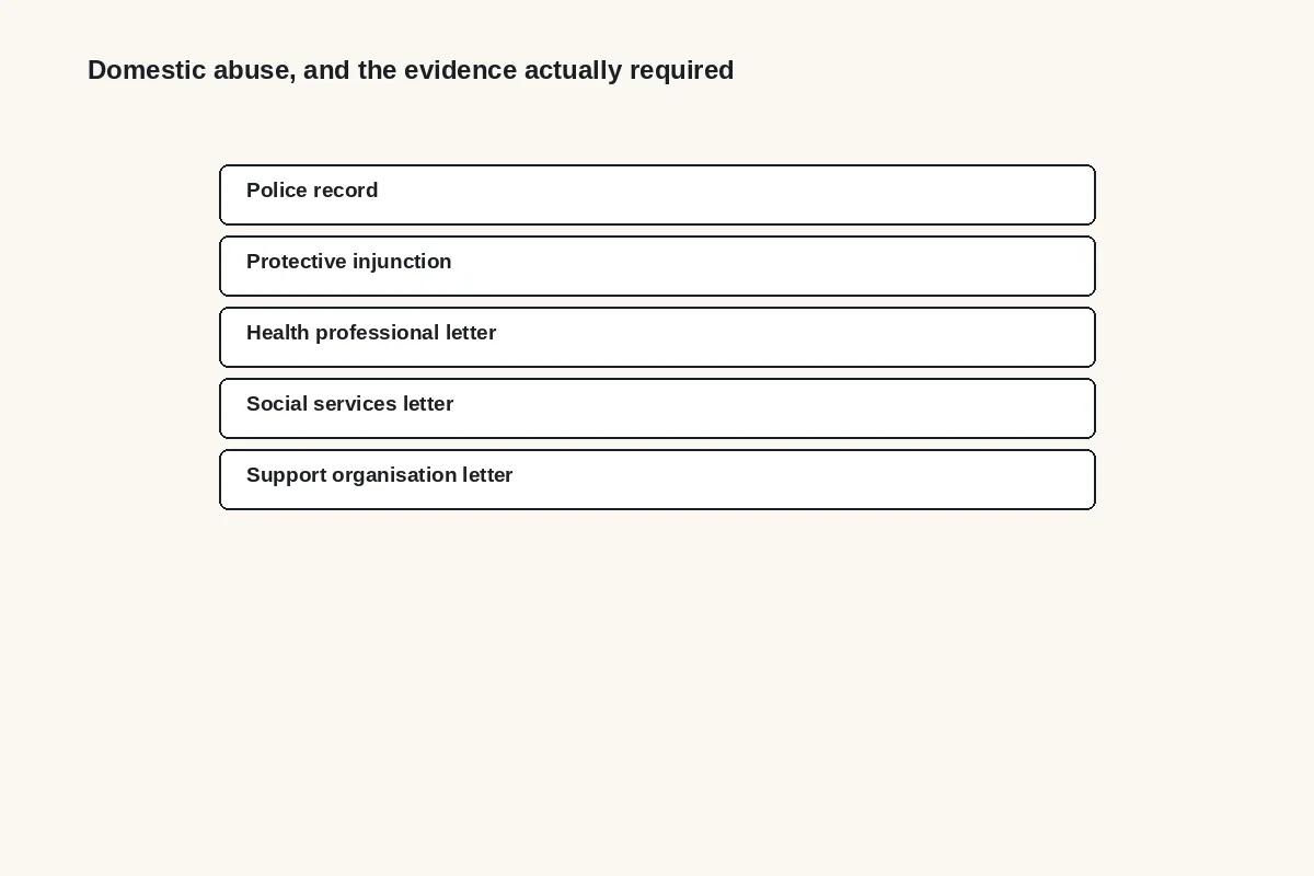 Diagram: evidence accepted for a domestic abuse exemption: police record, protective injunction, health professional letter, social services letter, support organisation letter