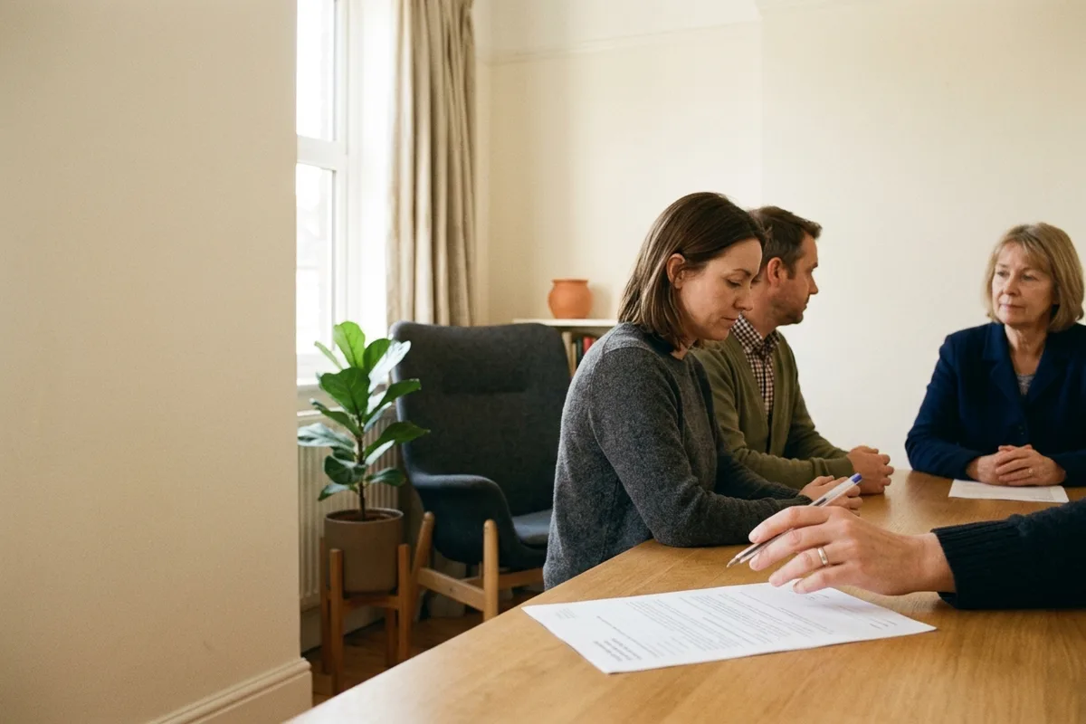 Three people at a table, a form between them, one signing