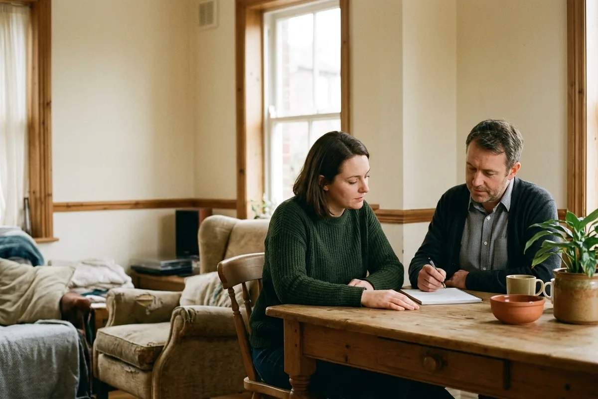 A couple at a kitchen table making notes together
