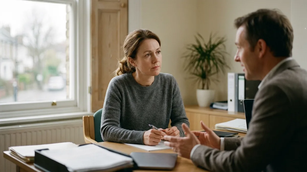 A woman and a man talking across a desk in an office, files stacked beside them