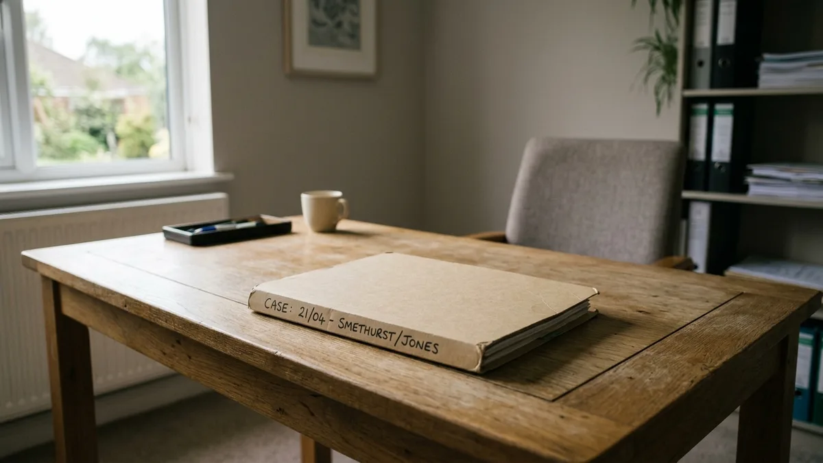 A closed case file on a desk beside a window in an empty room
