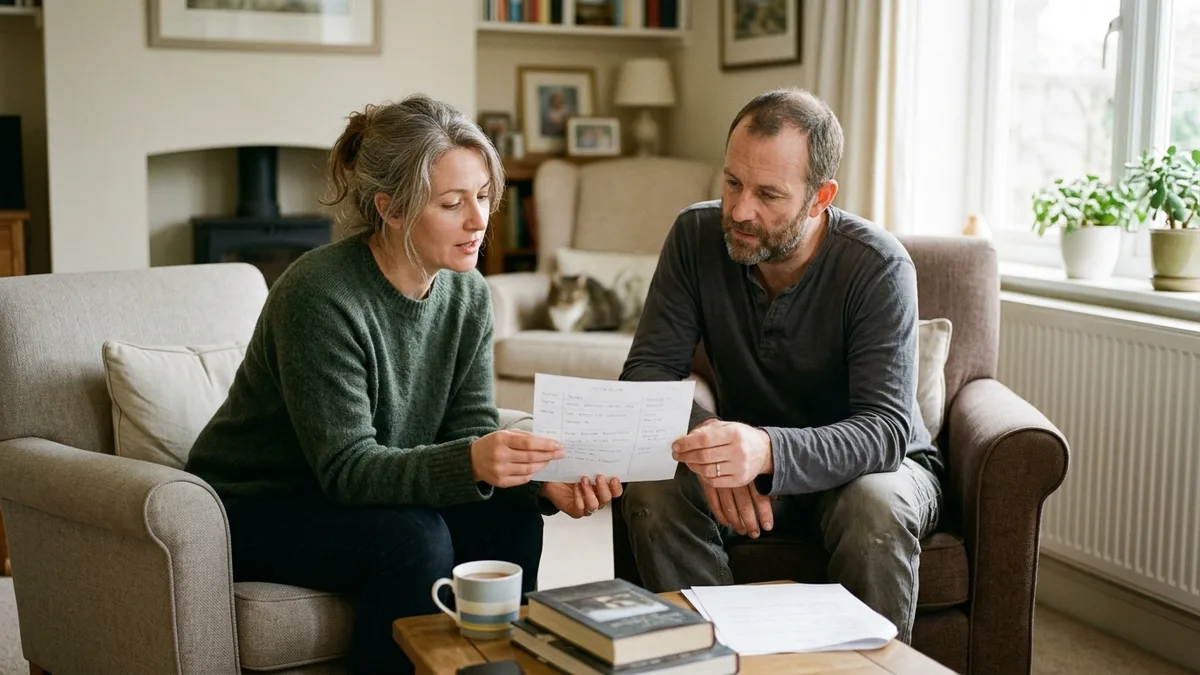 A couple in armchairs reading a single sheet of paper together