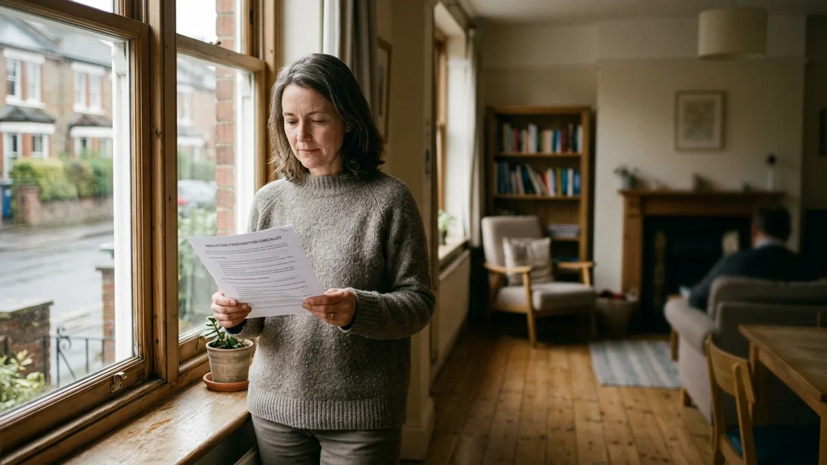 A woman standing by a window reading a single letter