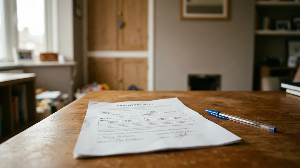 A signed parenting plan and a ballpoint pen on a table in a child's room
