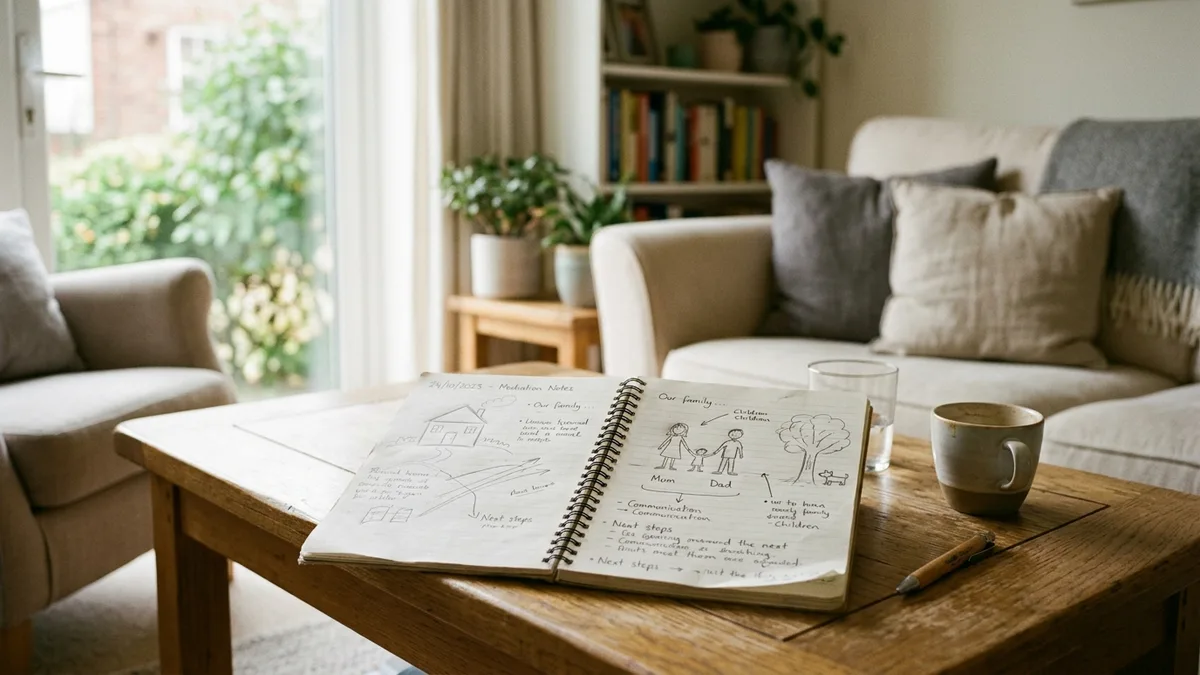 A child's drawing on a sketchpad left open on a low table in a sitting room