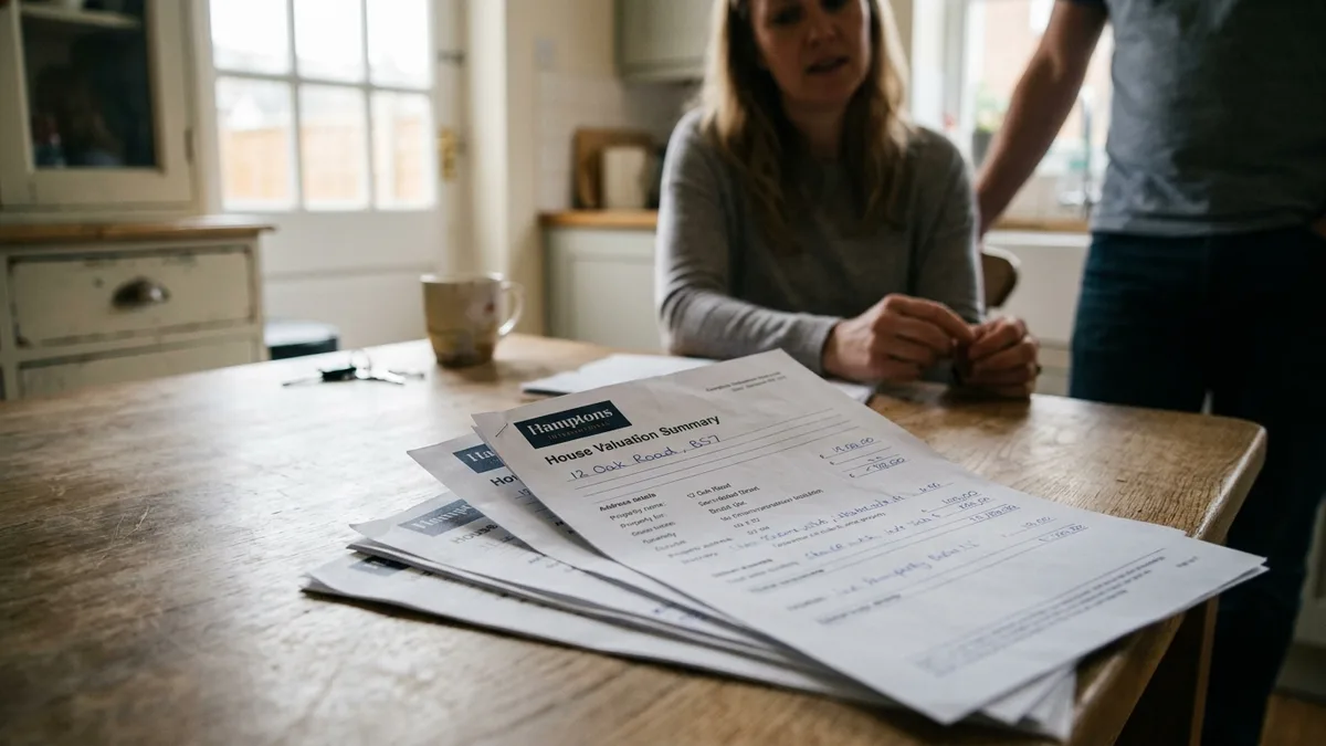 A woman standing at a kitchen table spreading out valuation paperwork