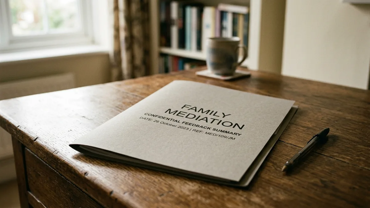 A confidential feedback summary folder closed on a table with a pen