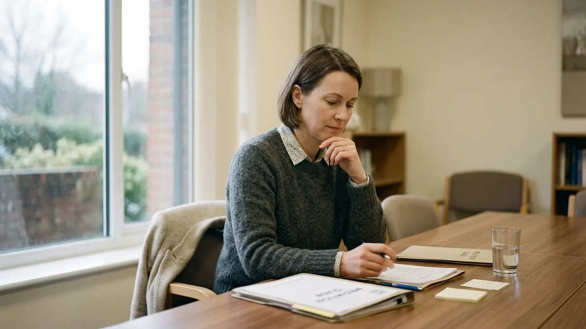 A woman sitting alone at a table with papers in front of her, looking down