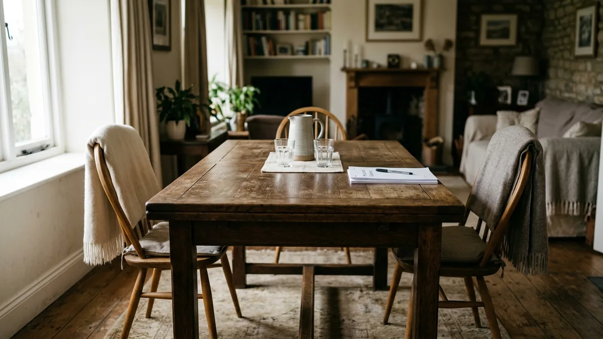 An empty meeting table with two chairs, a jug of water and a notepad set out